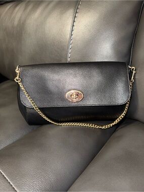 Coach Black Leather Crossbody with Gold Chain